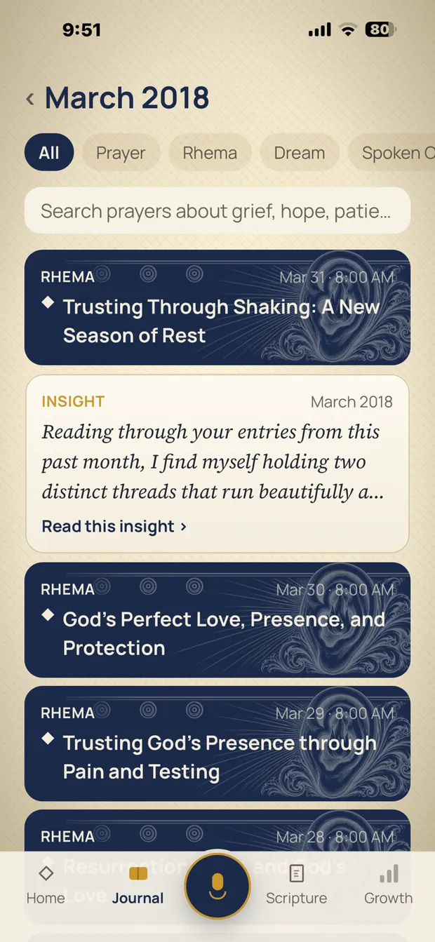 A month of the journal, entries listed by kind and date.