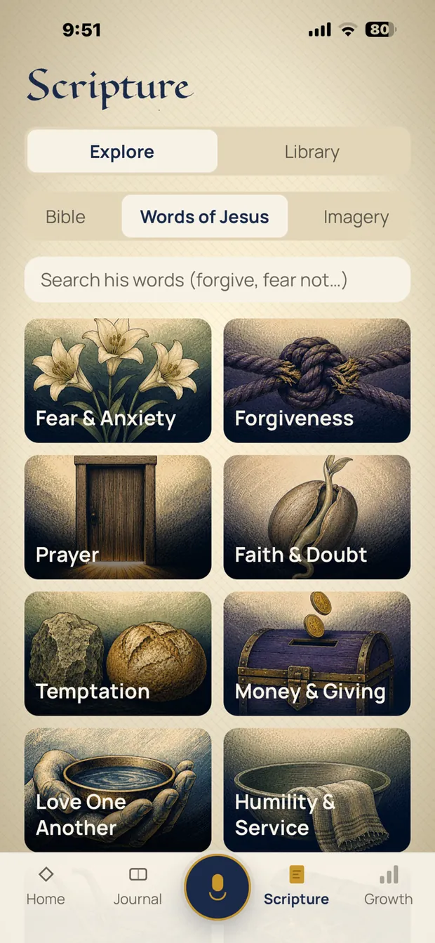 Exploring the words of Jesus by situation: fear and anxiety, forgiveness, prayer, faith and doubt.