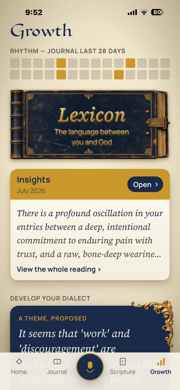 The Growth tab: a month&rsquo;s rhythm, the lexicon, and a reading of the past month.