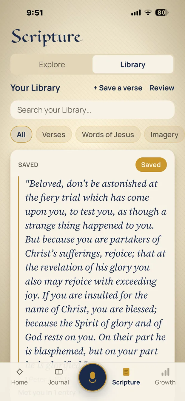 The library of saved verses, with a passage from 1 Peter kept and marked.
